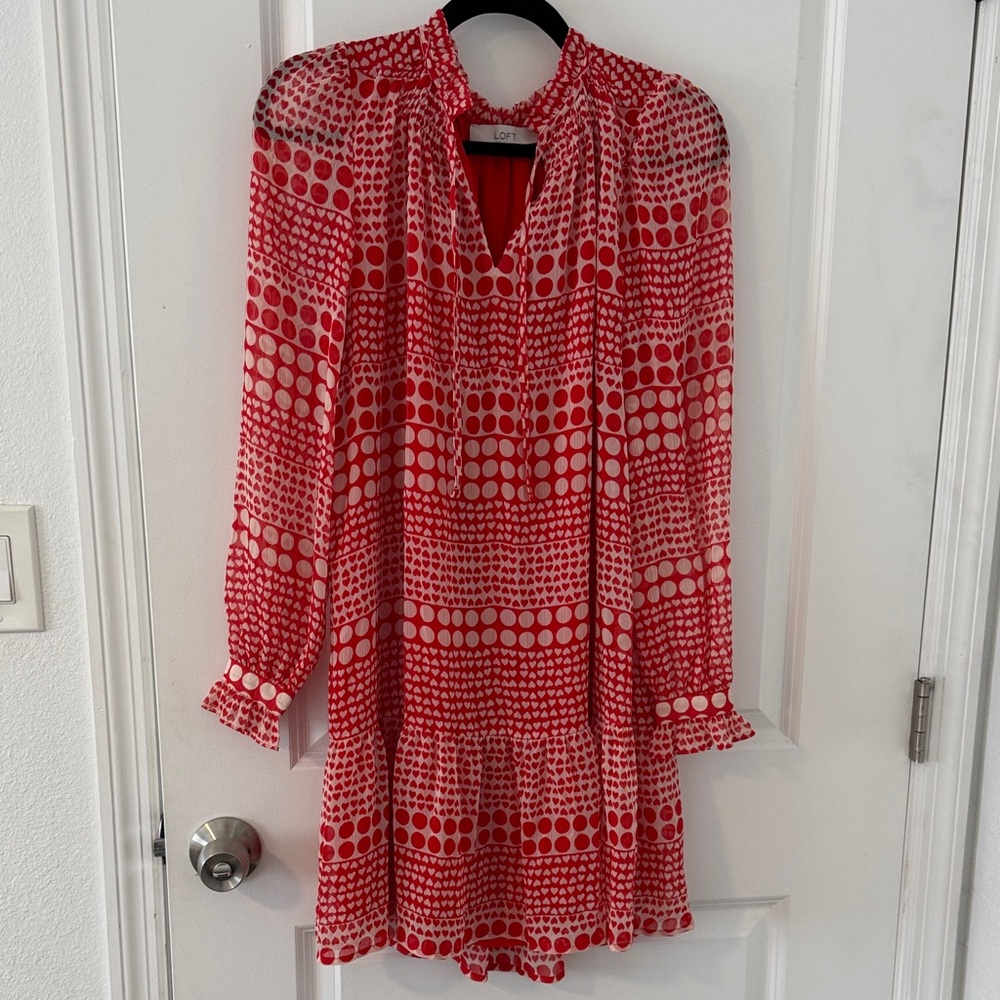 LOFT Vibrant Red and White Patterned Dress